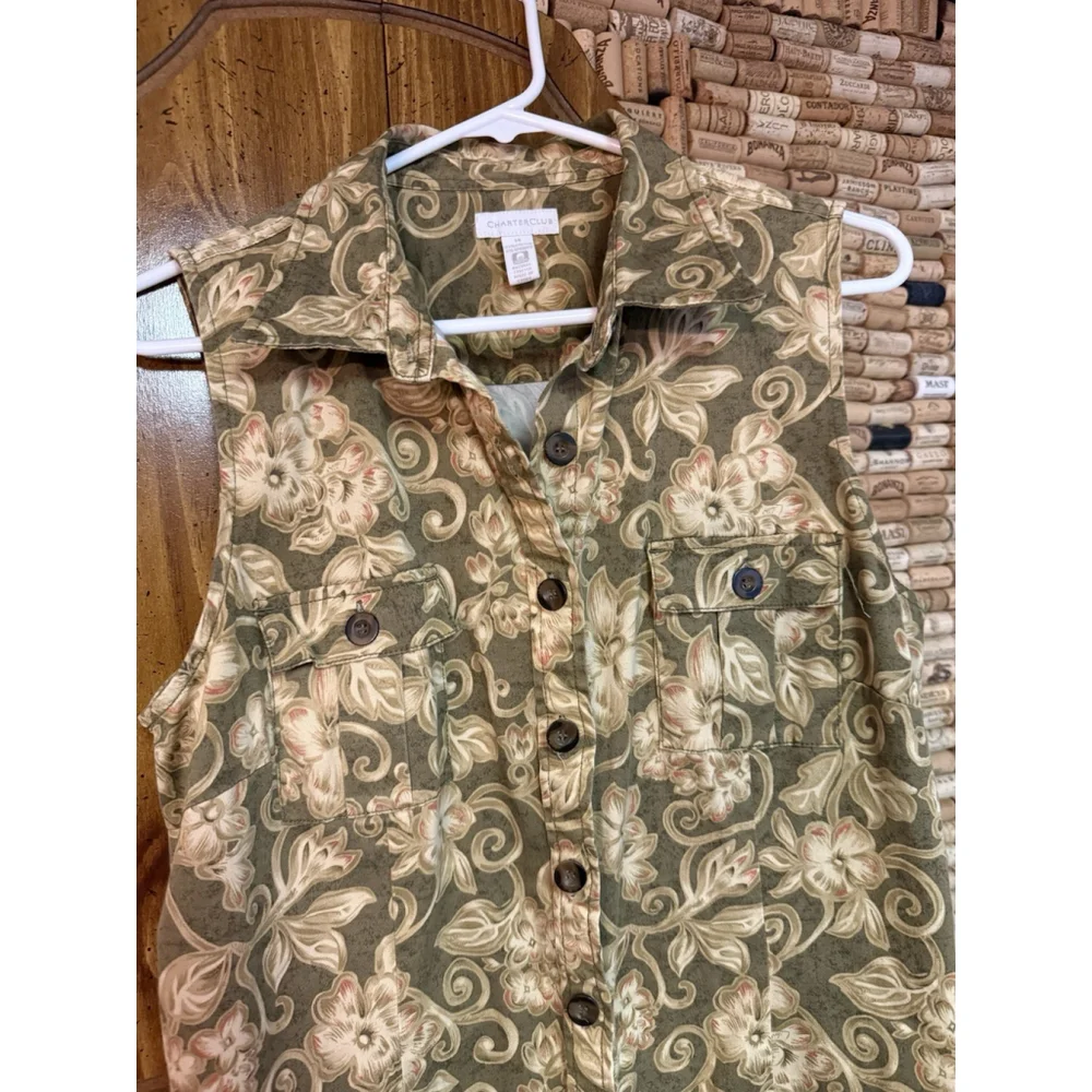 Charter Club Green Floral Sleeveless Cotton Collared Button Front Sundress Sz 14 - Picture 3 of 7